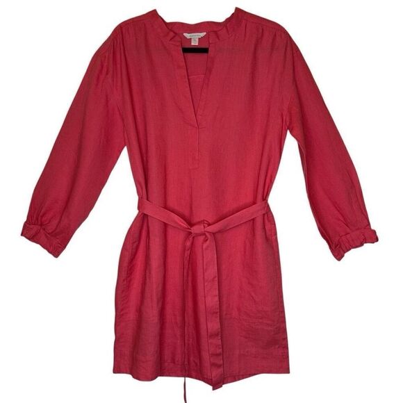 Garnet Hill Pink Linen Three Quarter Sleeve Coastal Shirt Dress Size 10 - Picture 1 of 12